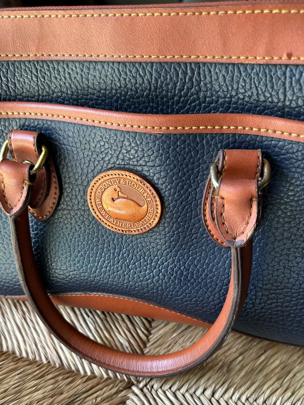 Vintage Dooney & Bourke Navy Pebbled Leather Satchel with Brown Trim